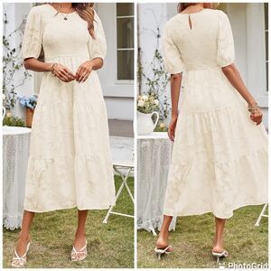 NWT MEROKEETY Summer Puff Sleeve Smocked Crewneck Lace Flowy Tiered Midi Dress